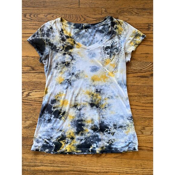 Affliction Like Yellow Gray Tie Dye Bling T Shirt Tee Top Mens Size Medium - Picture 3 of 10